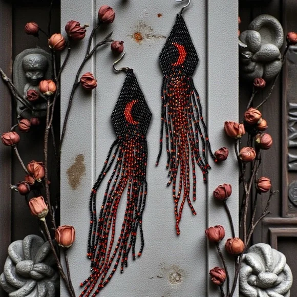 Hand Beaded Black/Red Extra Long Boho Crescent Moon Earrings - Picture 4 of 16